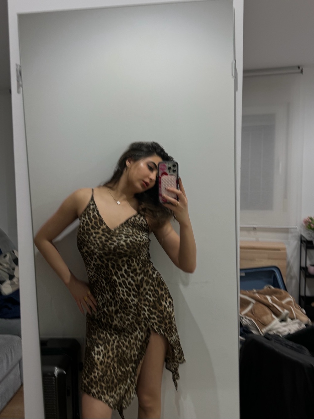 Leopard Print Slip Dress with Side Ruffle - Picture 2 of 4